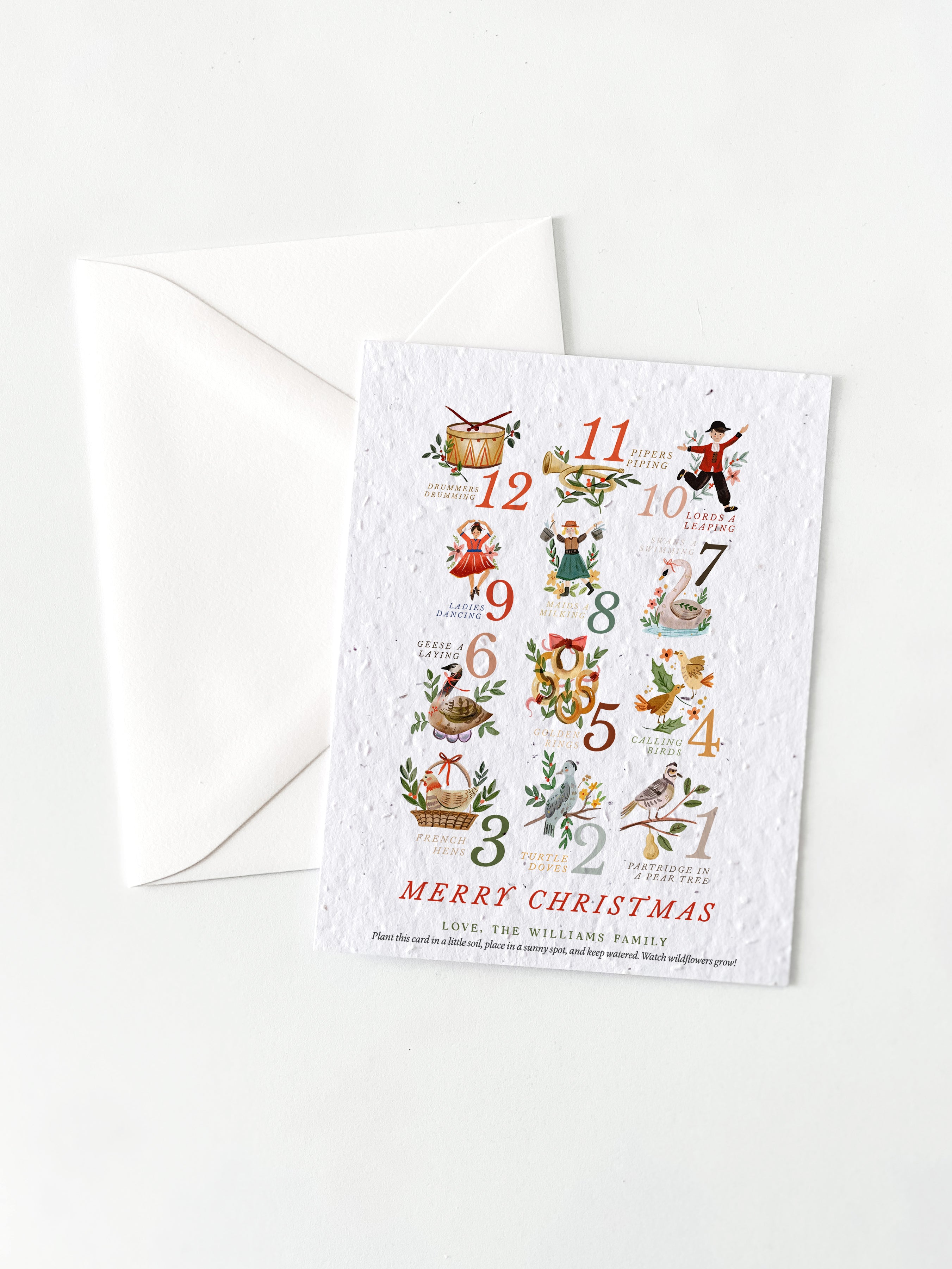 "12 Days of Christmas" Personalized Plantable Christmas Card on Wildflower Seed Paper: Set of 10