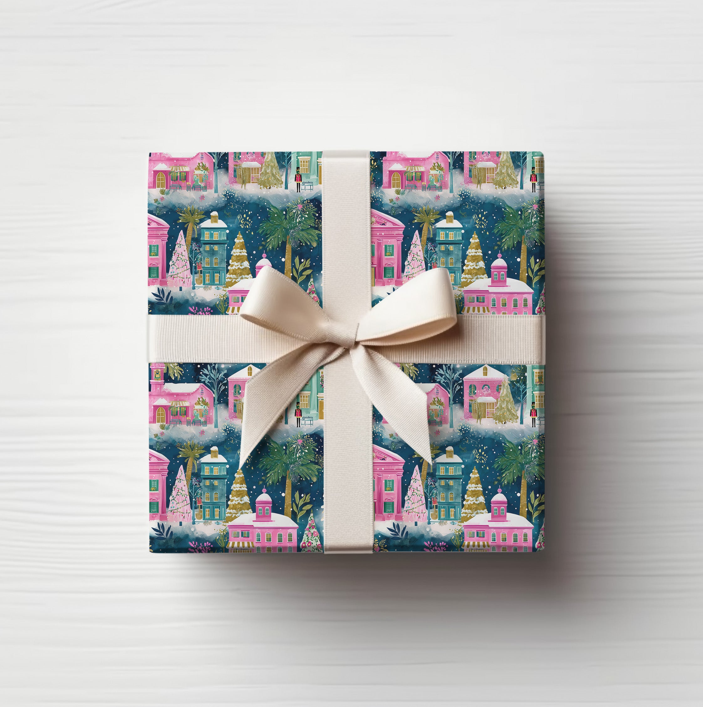Wrapping Paper Sheets - Pink & Green Village Dark