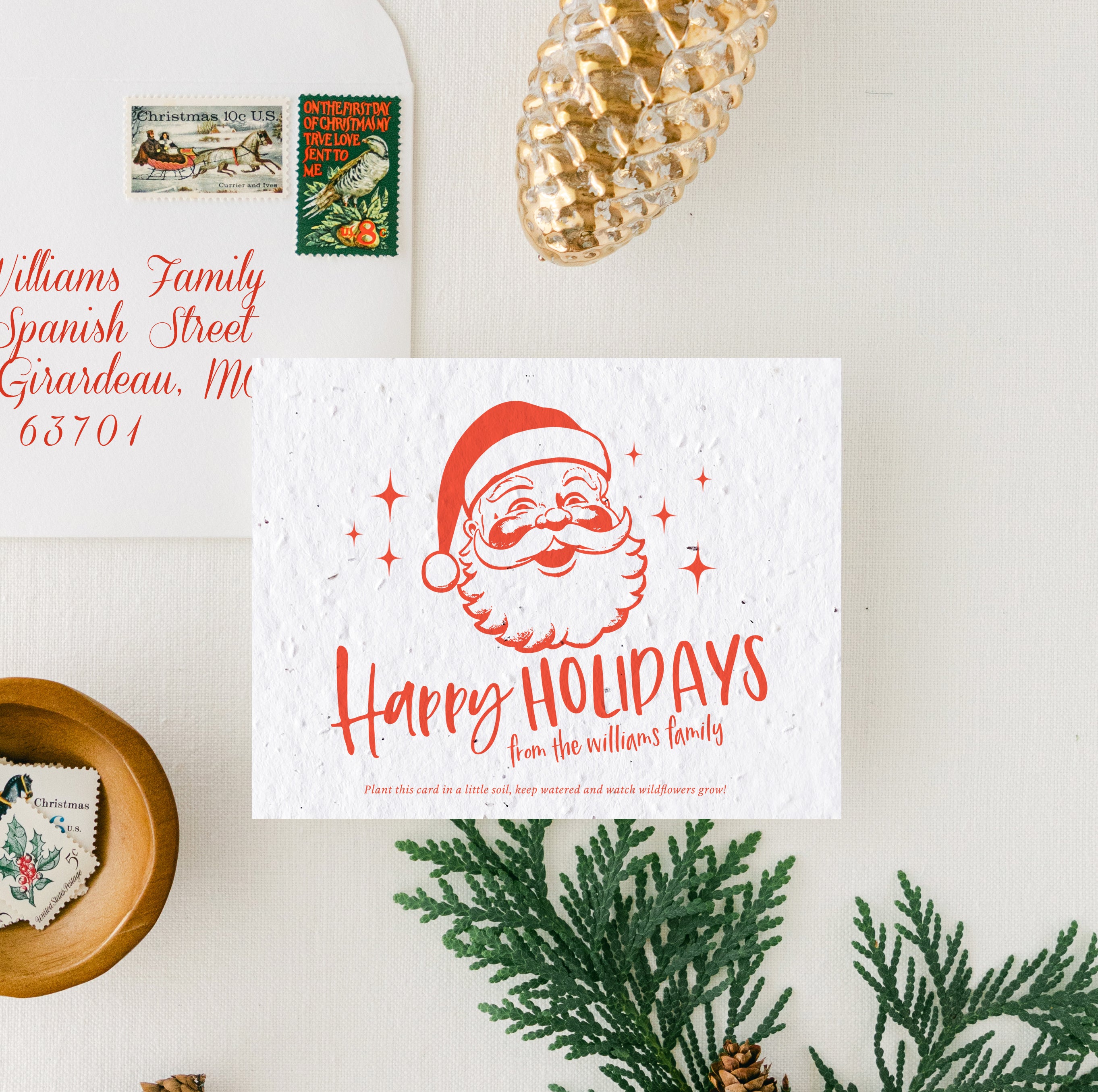 "Modern Santa" Personalized Plantable Holiday Card on Wildflower Seed Paper: Set of 10