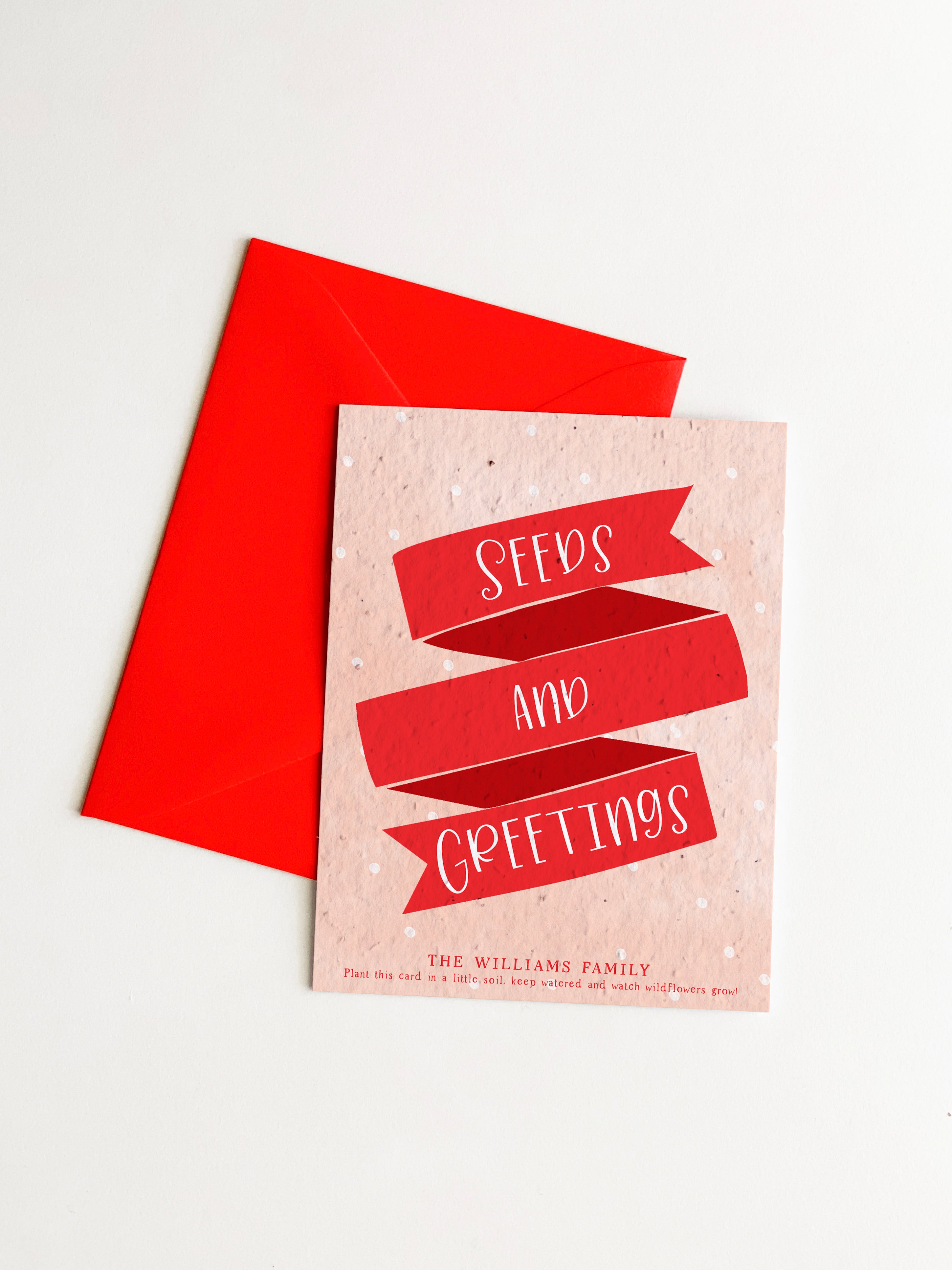 "Seeds and Greetings Ribbon" Personalized Plantable Christmas Card on Wildflower Seed Paper: Set of 10