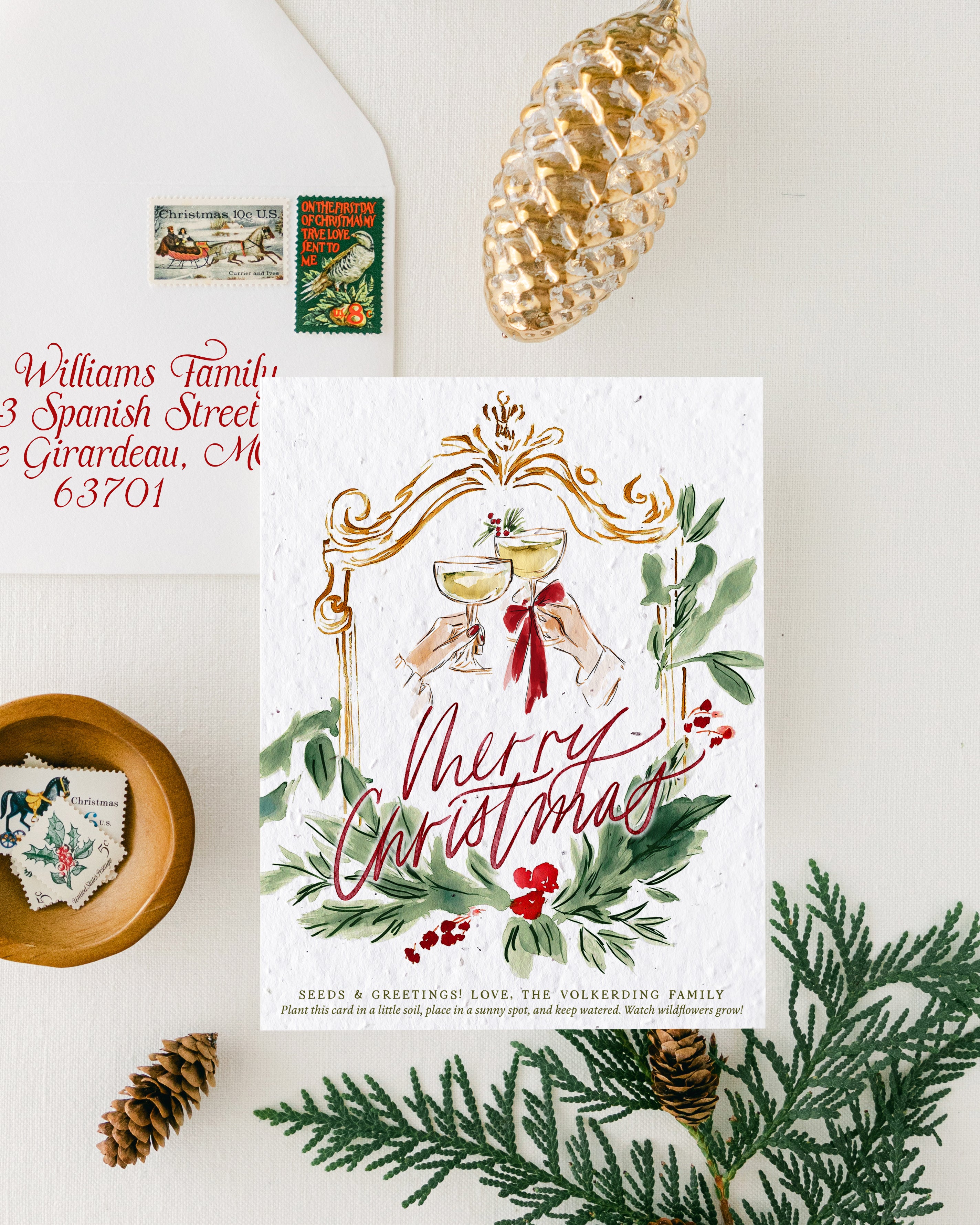 "Christmas Cheers" Personalized Plantable Holiday Card on Wildflower Seed Paper: Set of 10