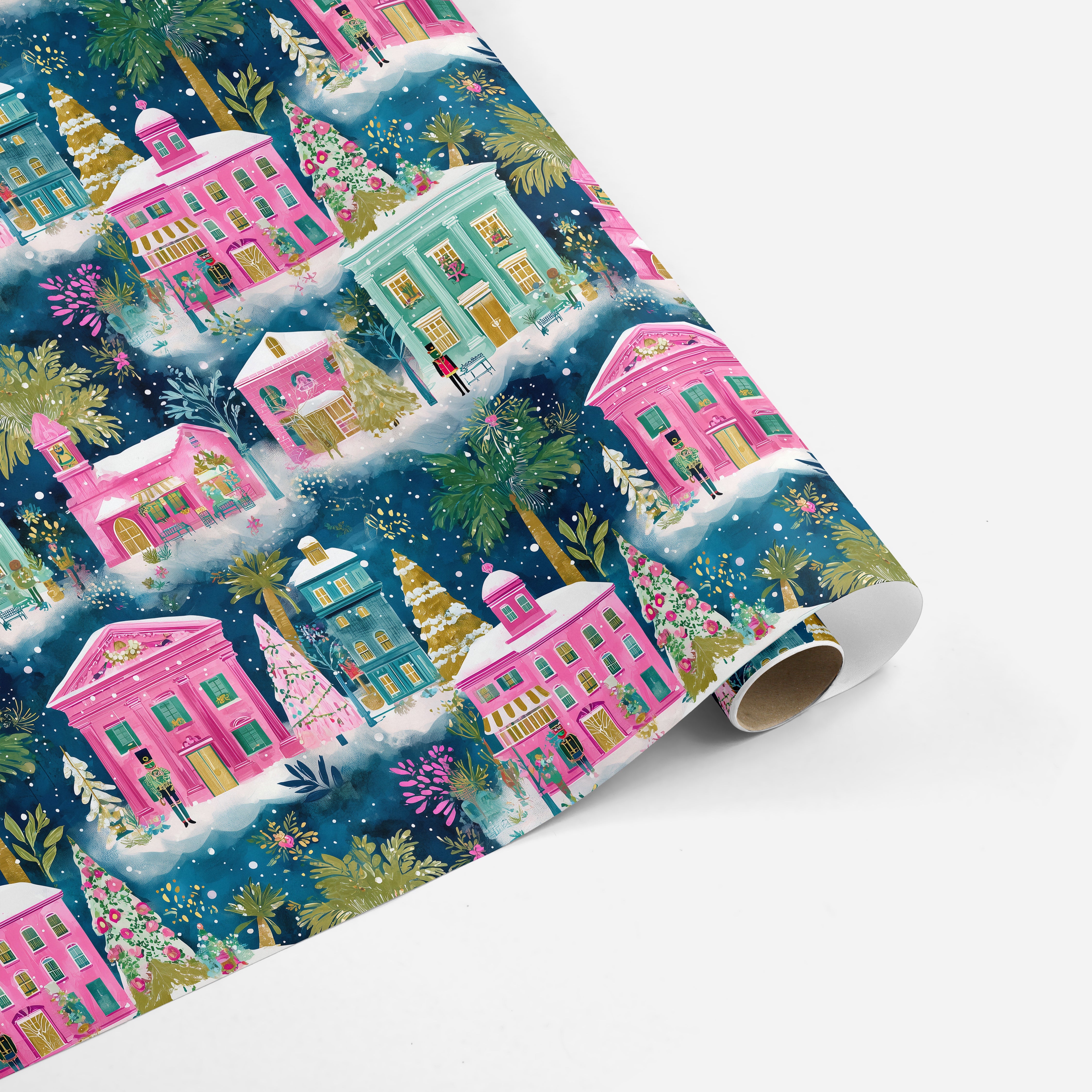 Wrapping Paper Sheets - Pink & Green Village Dark