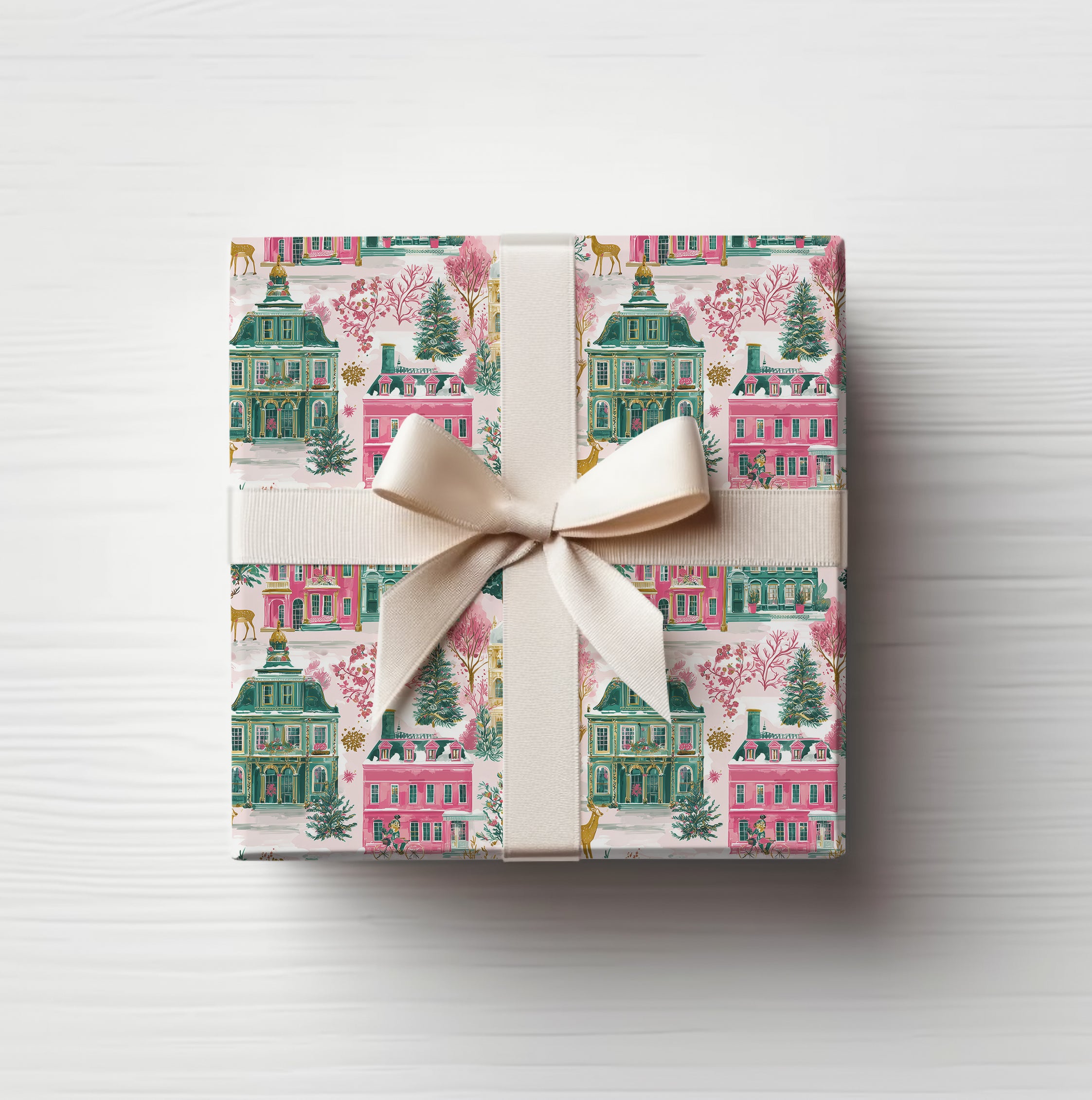 Wrapping Paper Sheets - Pink & Green Village