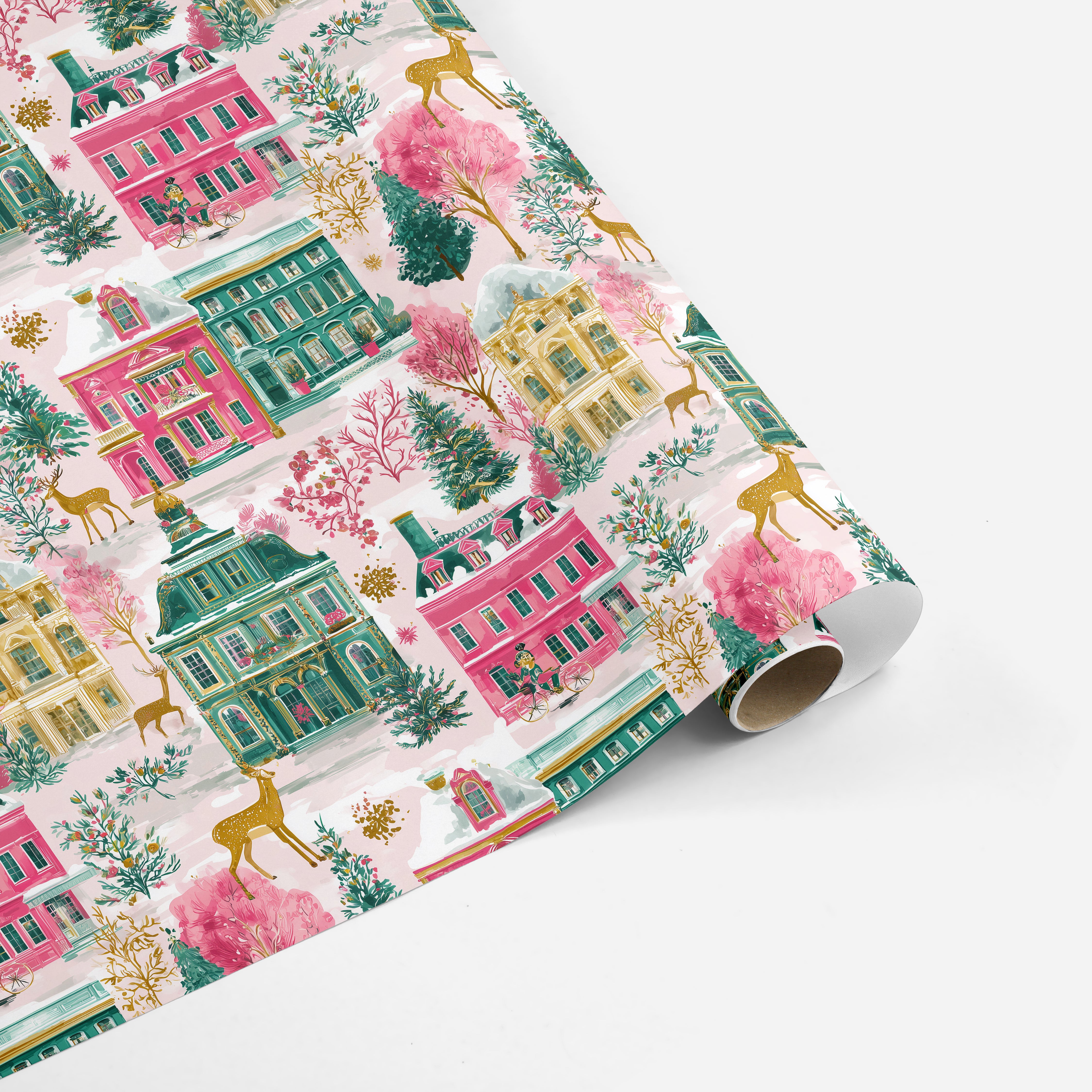 Wrapping Paper Sheets - Pink & Green Village