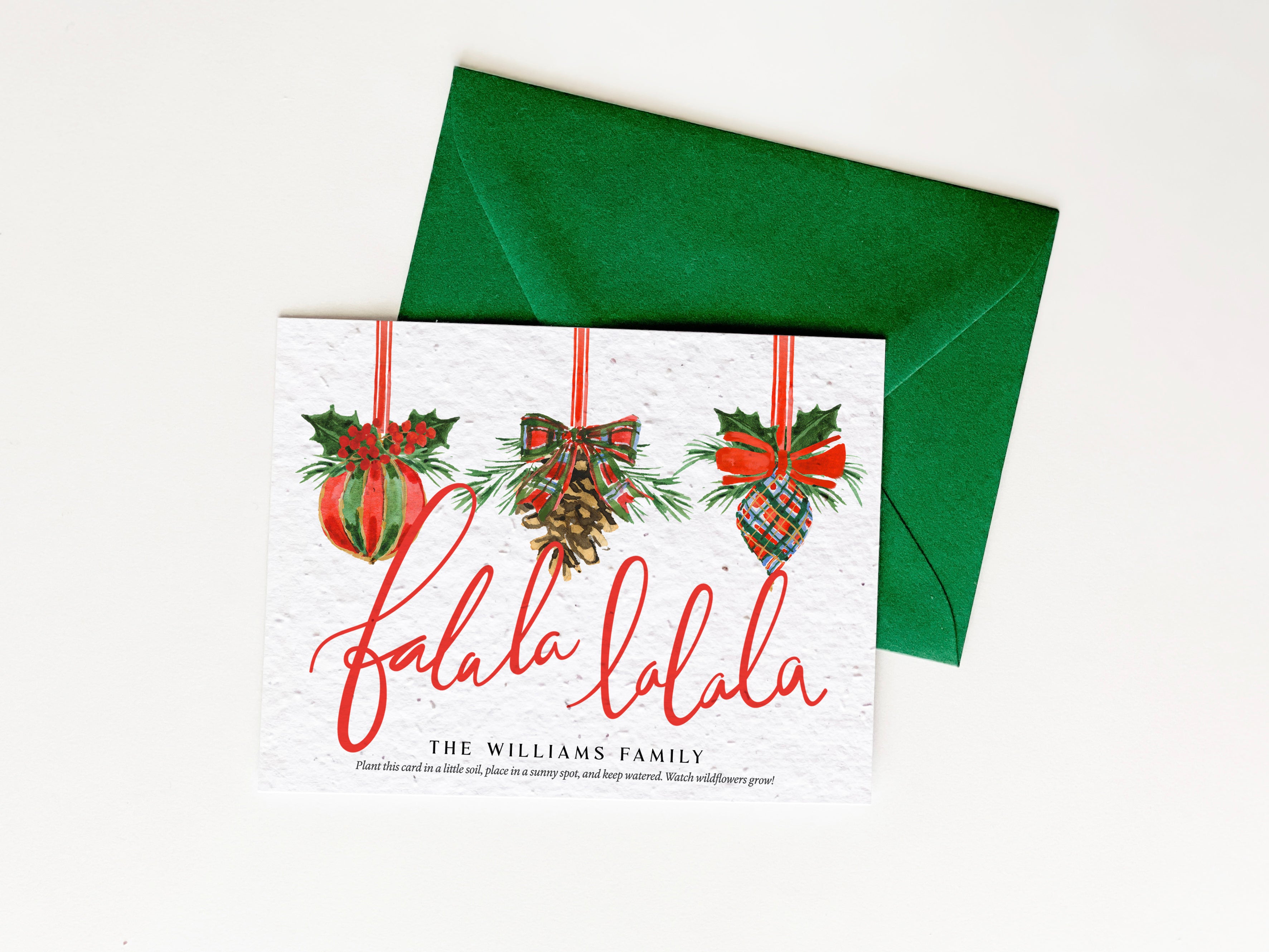 "Tartan Ornaments" Personalized Plantable Christmas Card on Wildflower Seed Paper: Set of 10