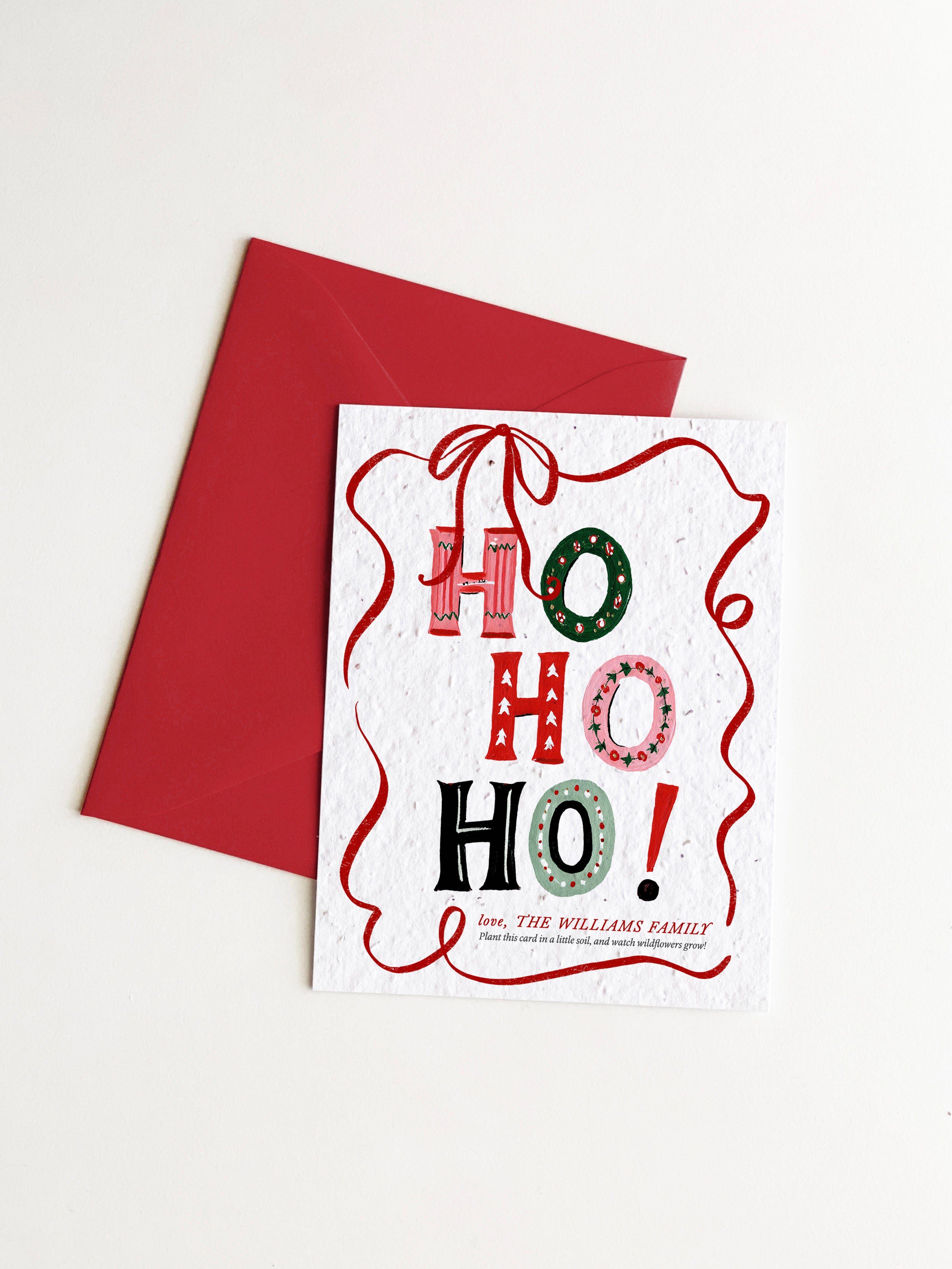 "Ho Ho Ho" Personalized Plantable Christmas Card on Wildflower Seed Paper: Set of 10