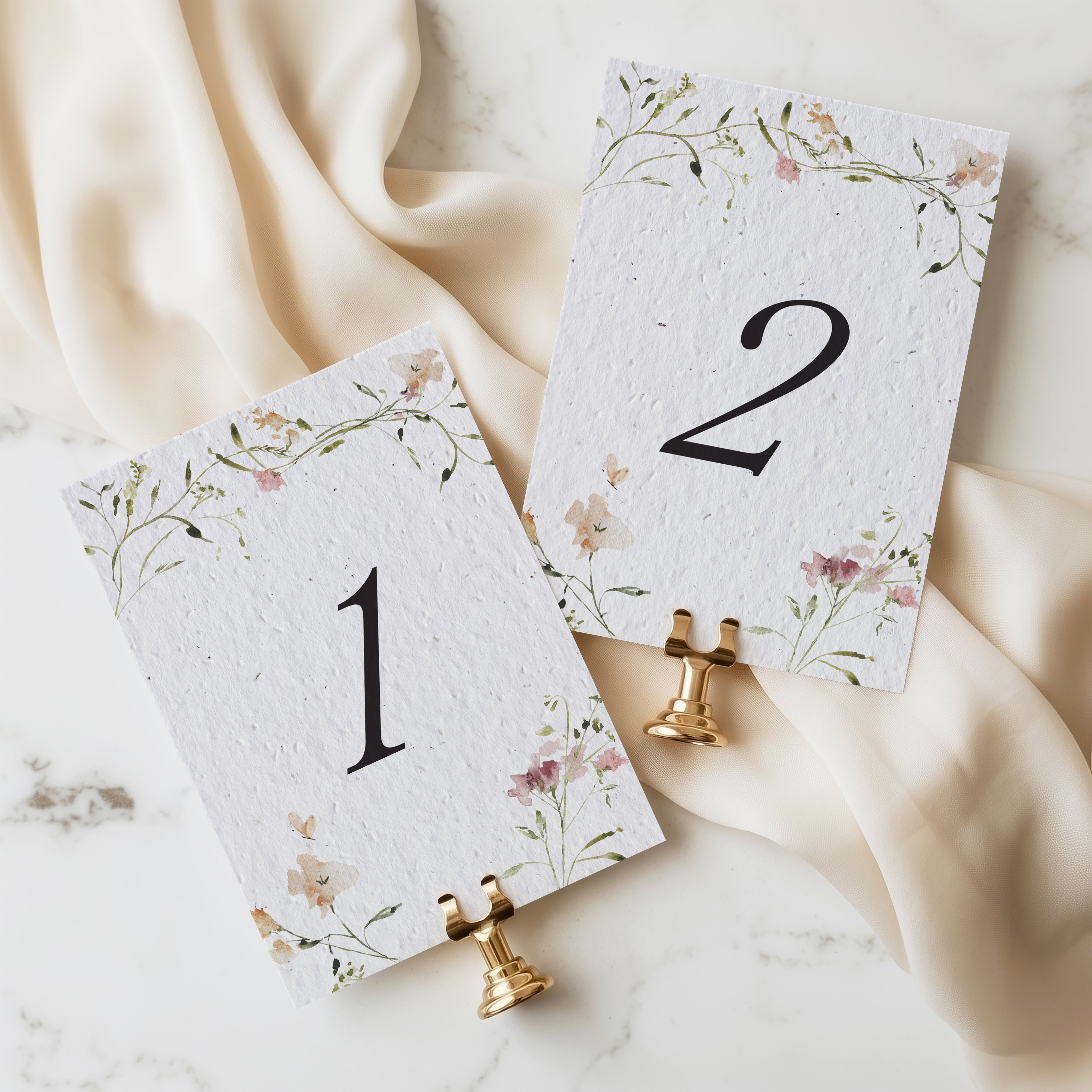 Watercolor Table Numbers on Plantable Wildflower Seed Paper - Blush Vines