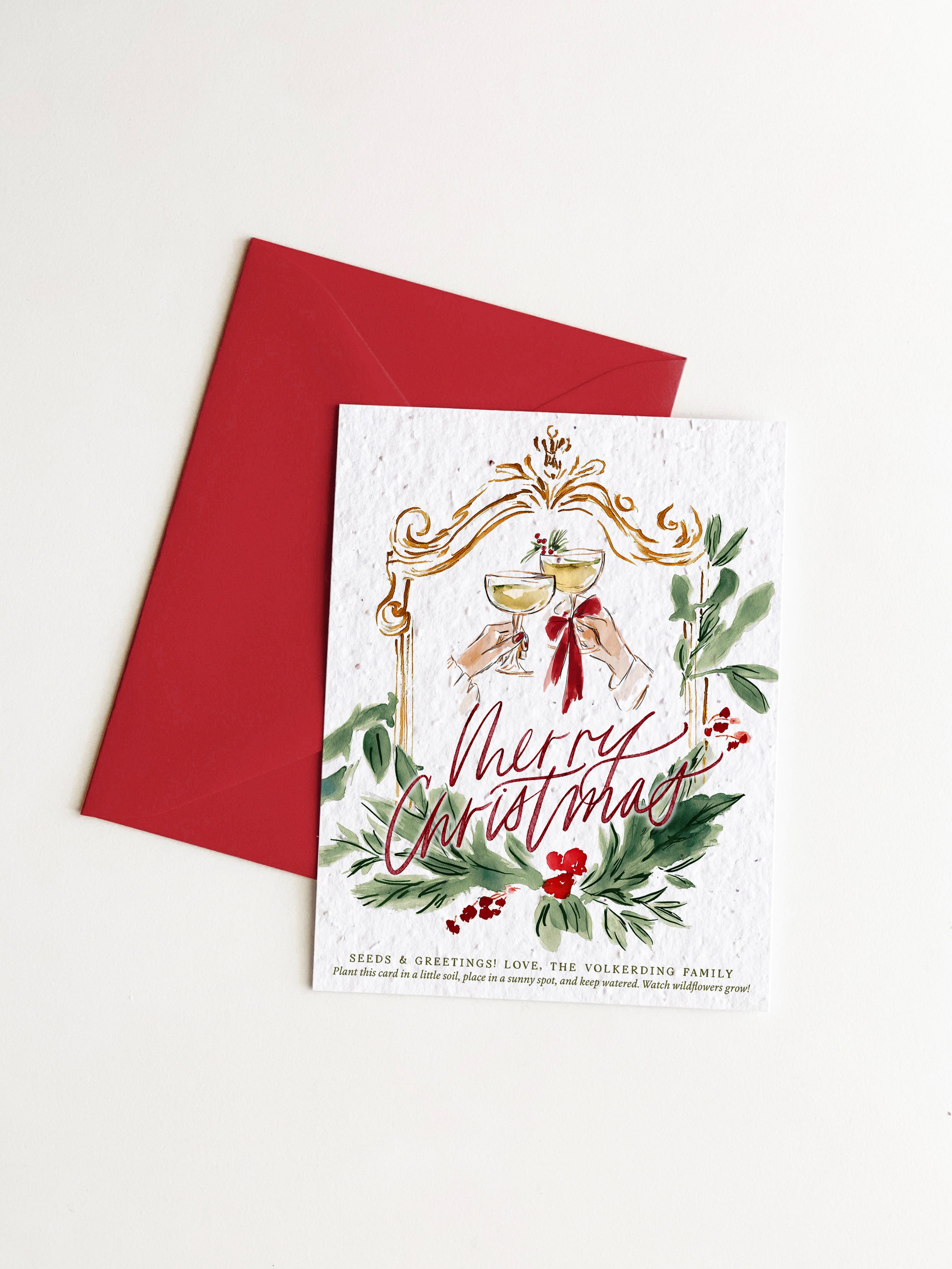 "Christmas Cheers" Personalized Plantable Holiday Card on Wildflower Seed Paper: Set of 10