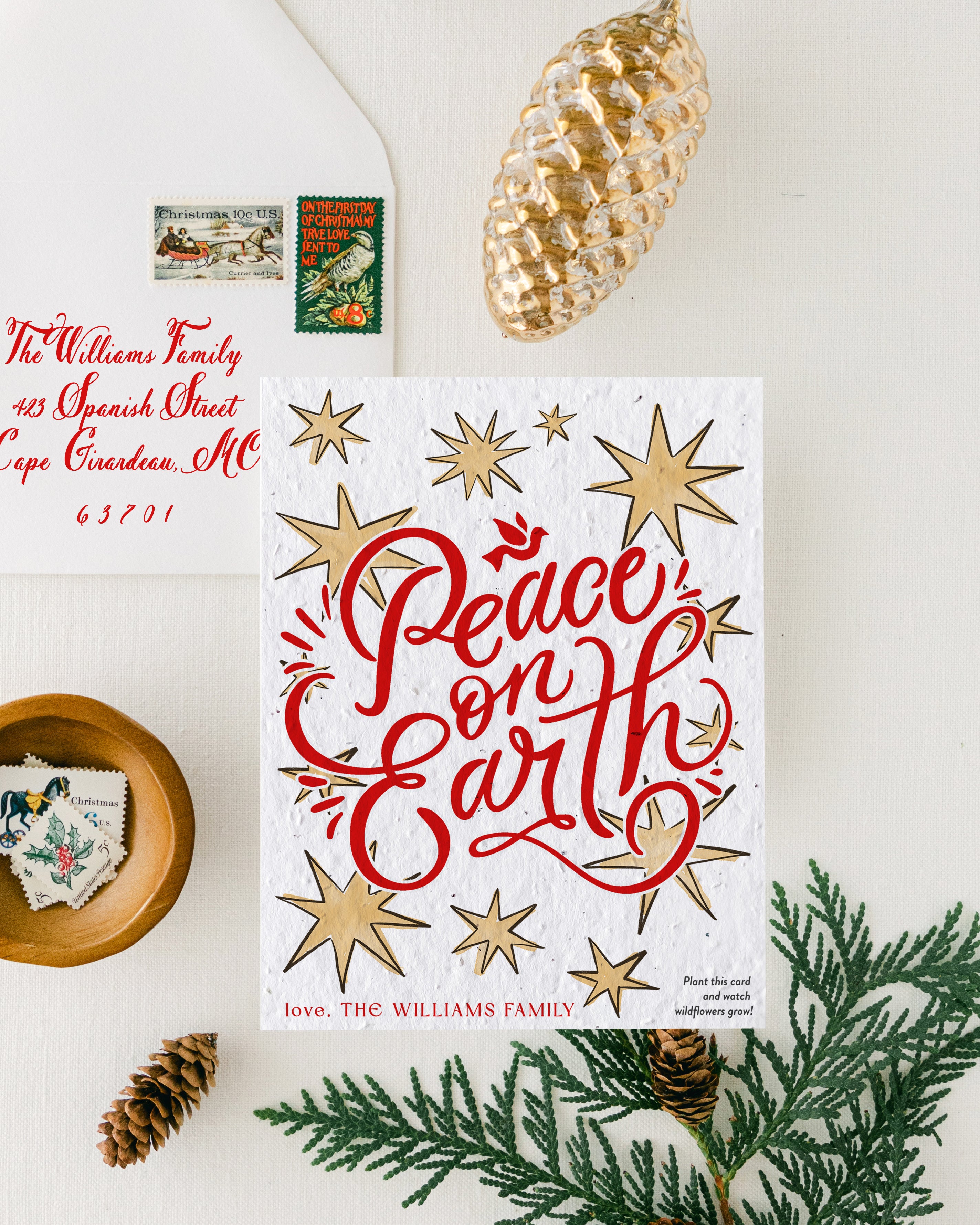 "Peace on Earth" Personalized Plantable Christmas Card on Wildflower Seed Paper: Set of 10
