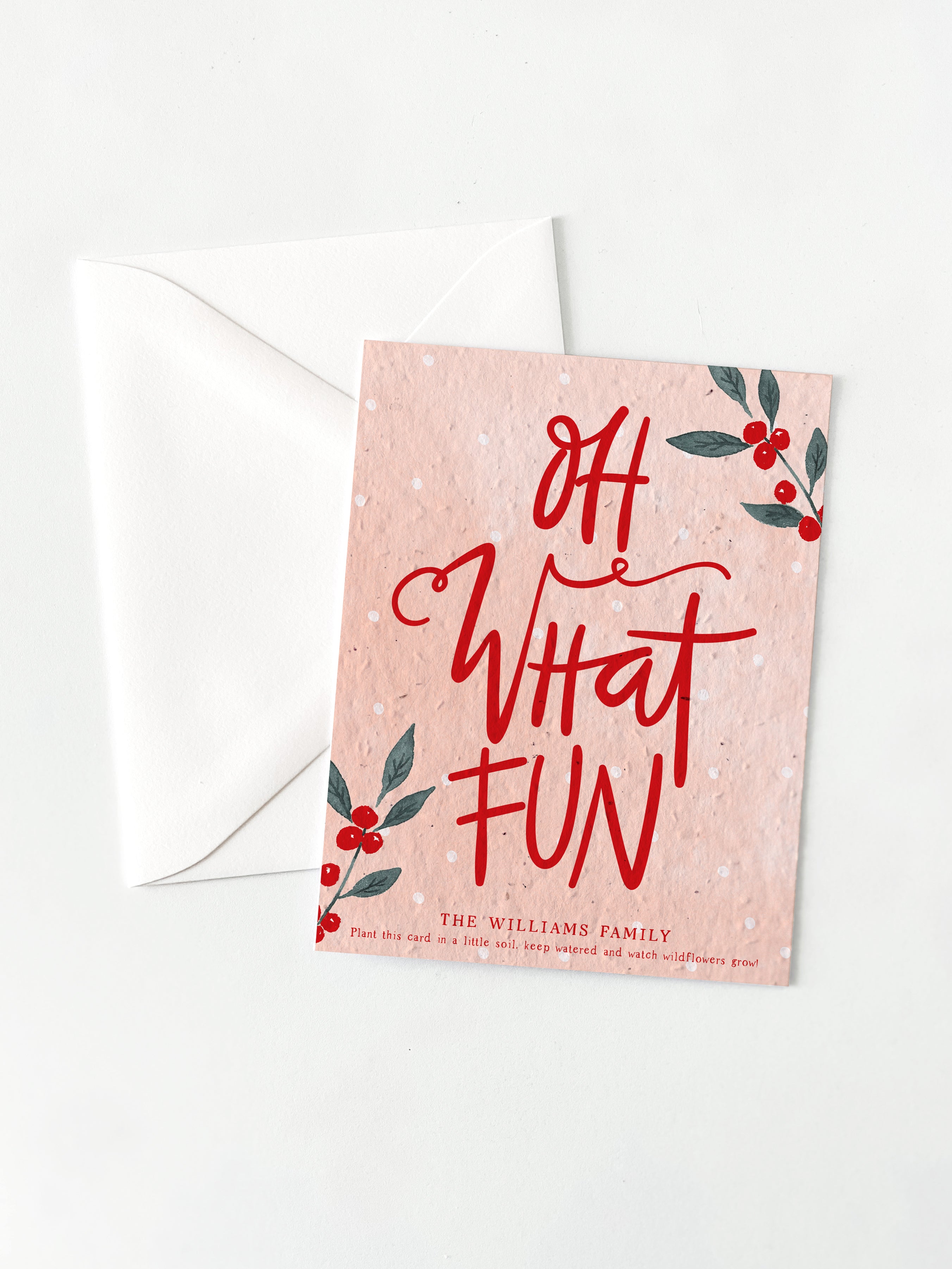 "Oh What Fun" Personalized Plantable Christmas Card on Wildflower Seed Paper: Set of 10