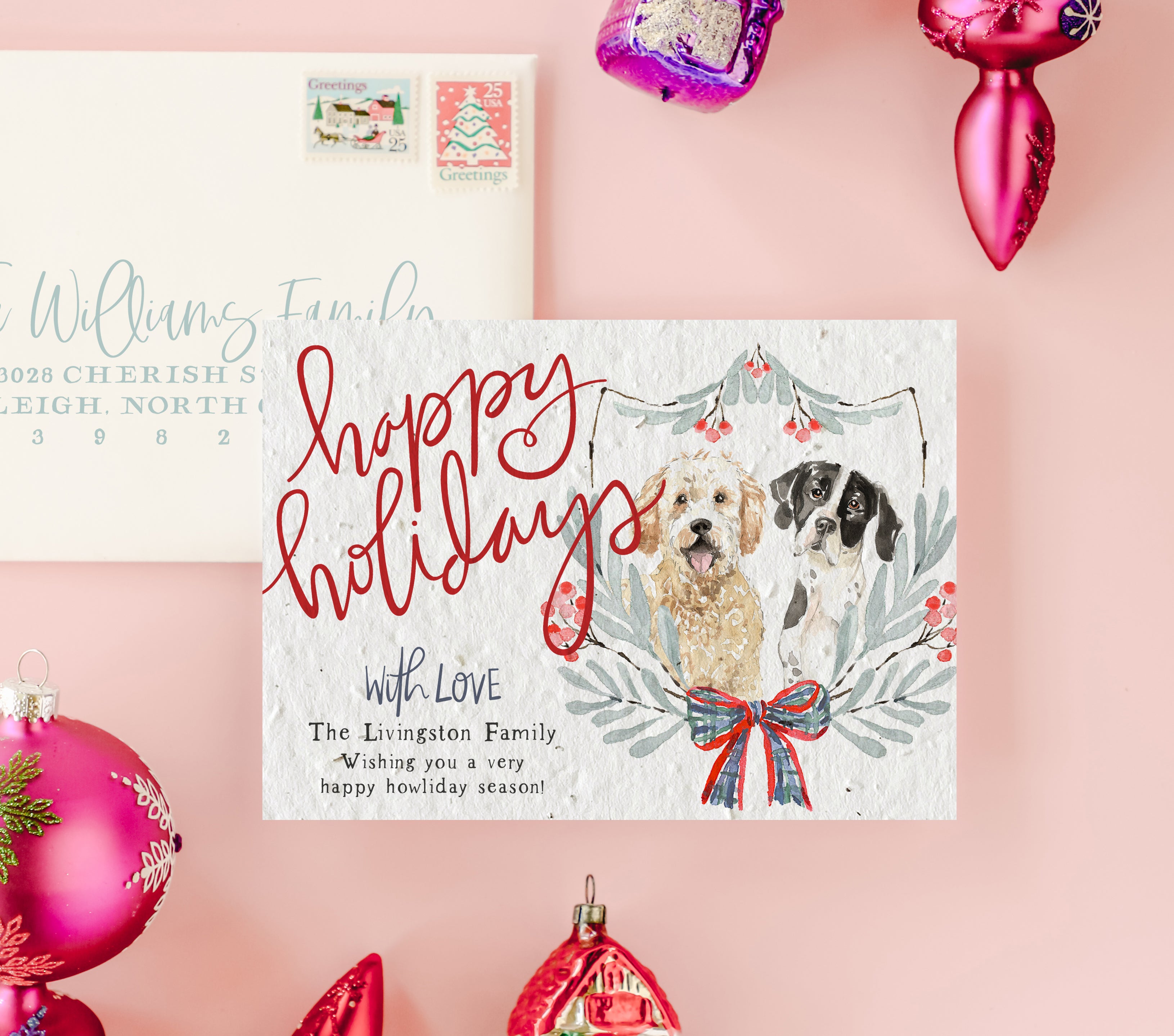 "Holiday Wreath Pets" Personalized Plantable Christmas Card on Wildflower Seed Paper: Set of 10