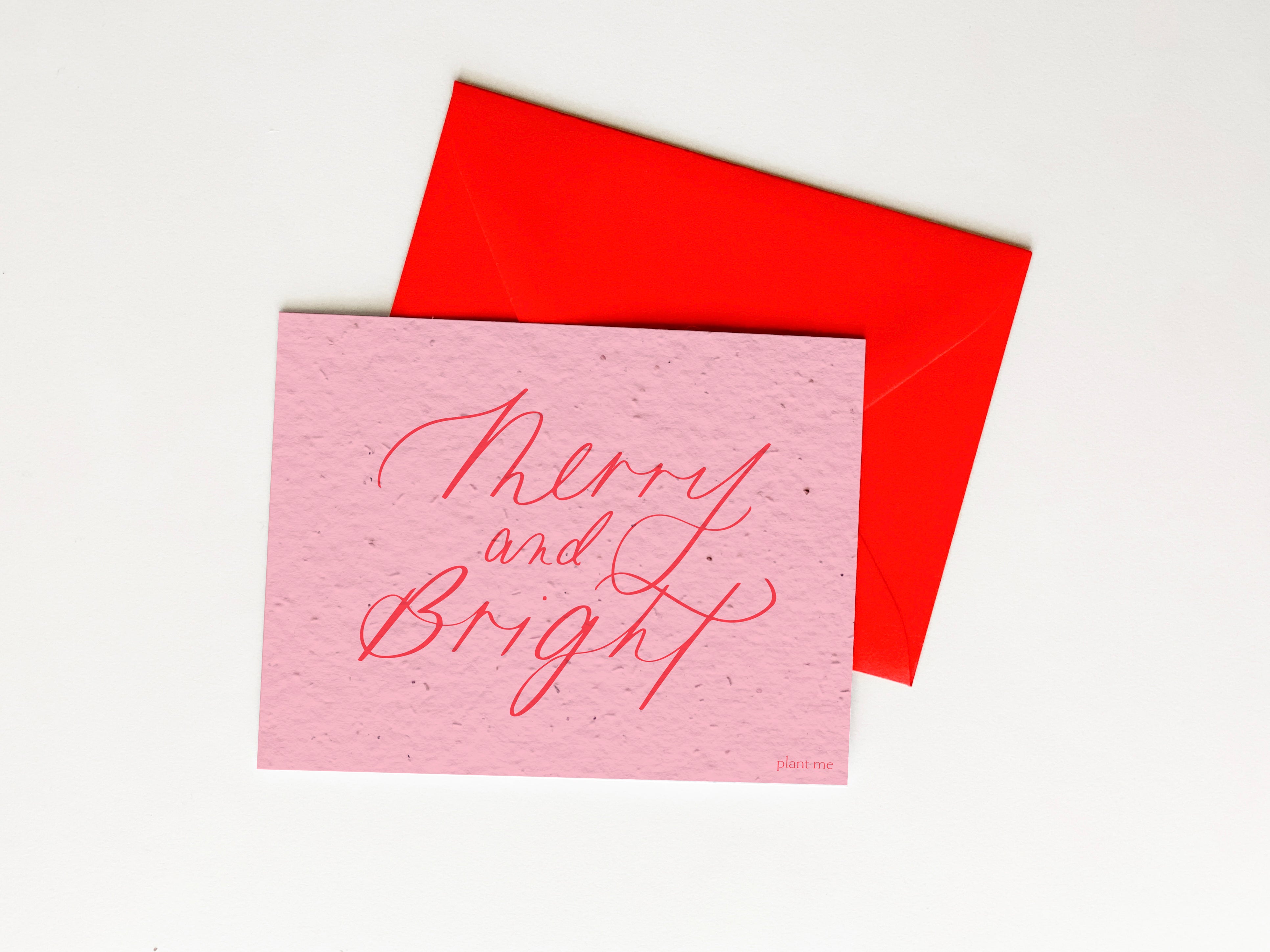 "Pink and Bright" Personalized Plantable Christmas Card on Wildflower Seed Paper: Set of 10