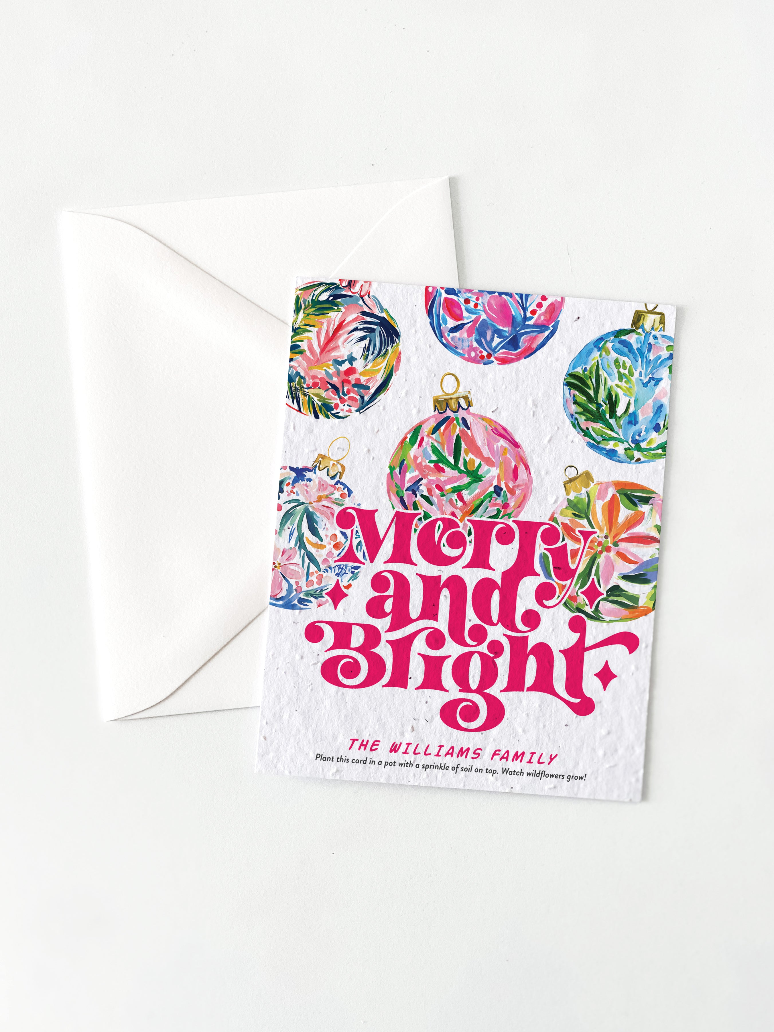"Merry & Bright Glass Ornaments" Personalized Plantable Christmas Card on Wildflower Seed Paper: Set of 10