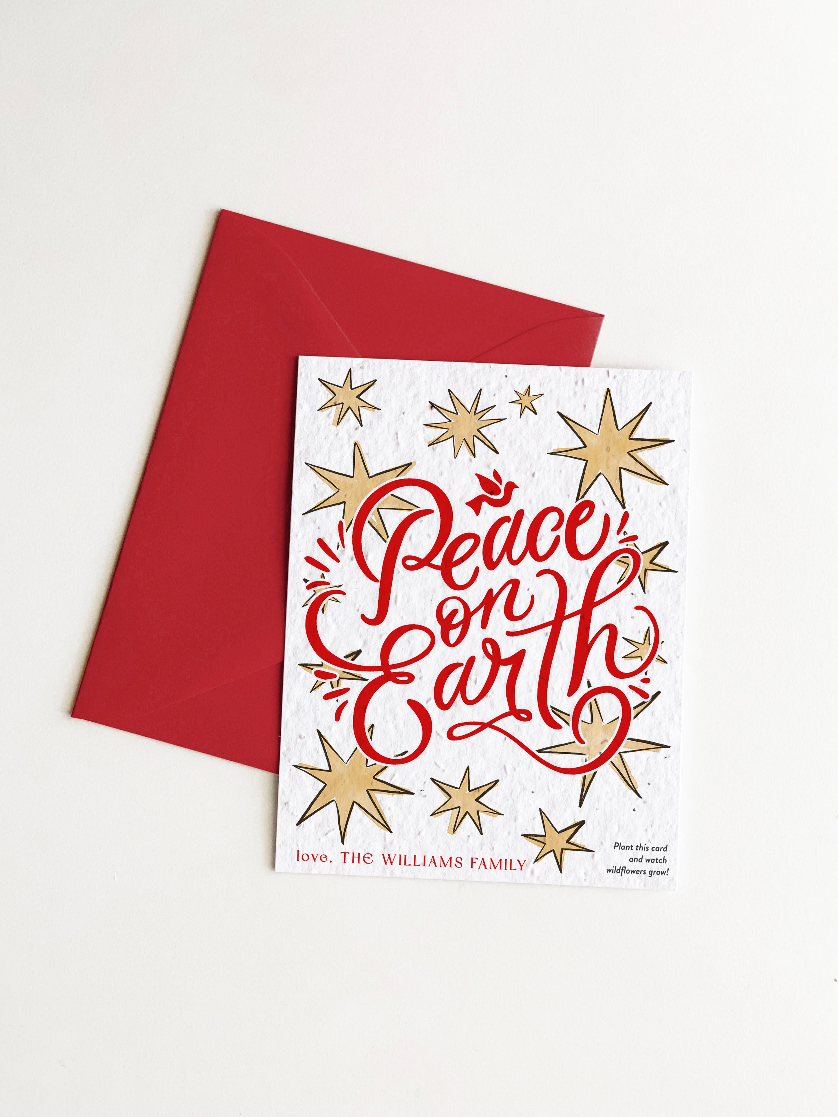 "Peace on Earth" Personalized Plantable Christmas Card on Wildflower Seed Paper: Set of 10